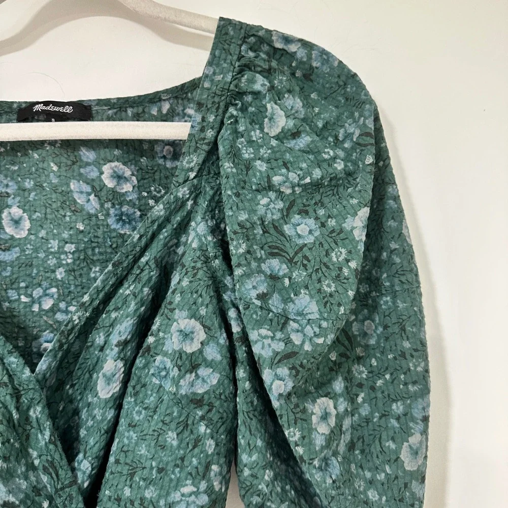 Madewell Floral Puff Sleeve Wrap Top Womens Small Green Cotton Smocked Back S
